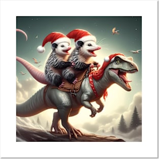 Two Santa opossums on an adventurous dinosaur trex ride Posters and Art